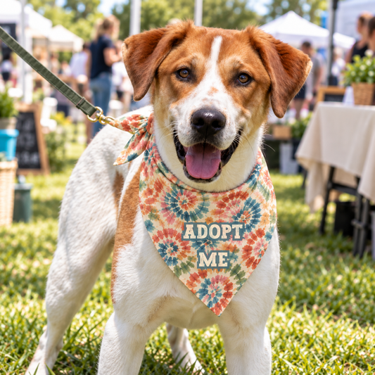 mixed breed dog waering a tie dye dog bandana at an adoption event