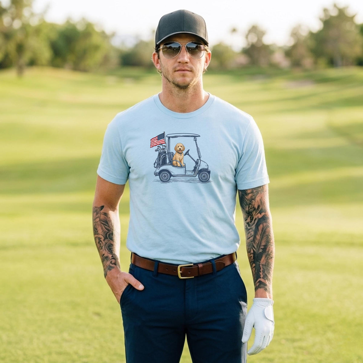 Golden Doodle Dad Golf T-Shirt USA Dog Father Gift Idea American Flag Apparel Dog Breed Theme Patriotic Present For Golfer