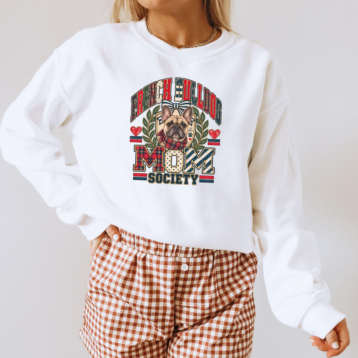 French Bulldog Mom Society Crewneck Sweatshirt Mismatched Plaid Preppy Coquette Bow Dog Mom Pullover Gift for Bulldog Owner