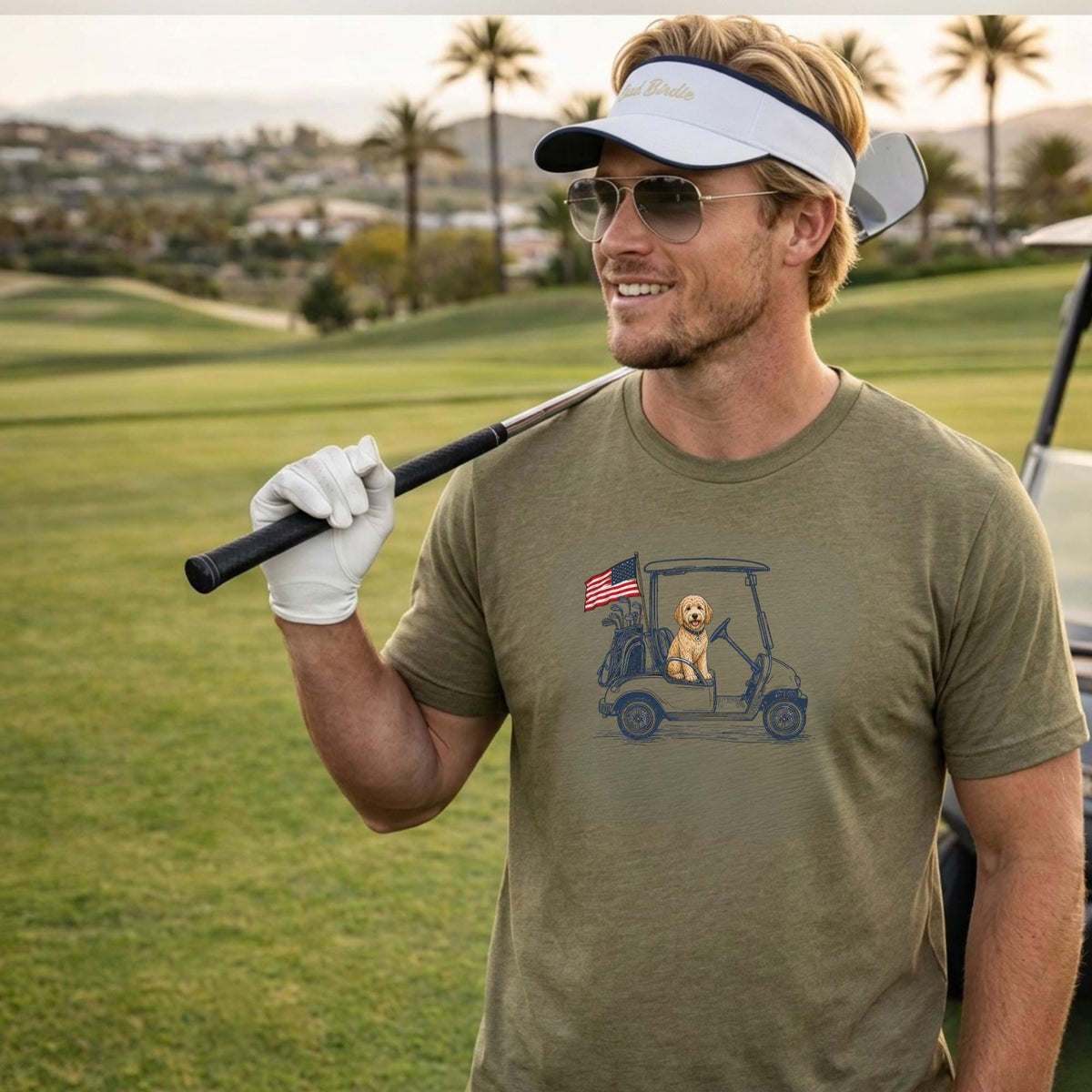 Golden Doodle Dad Golf T-Shirt USA Dog Father Gift Idea American Flag Apparel Dog Breed Theme Patriotic Present For Golfer