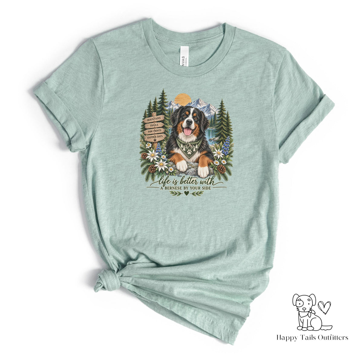 Bernese Mountain Dog T Shirt Hiking Wildflower Nature Trail Mountains Sunset Gift for Dog Mom Outdoor Adventure Tee