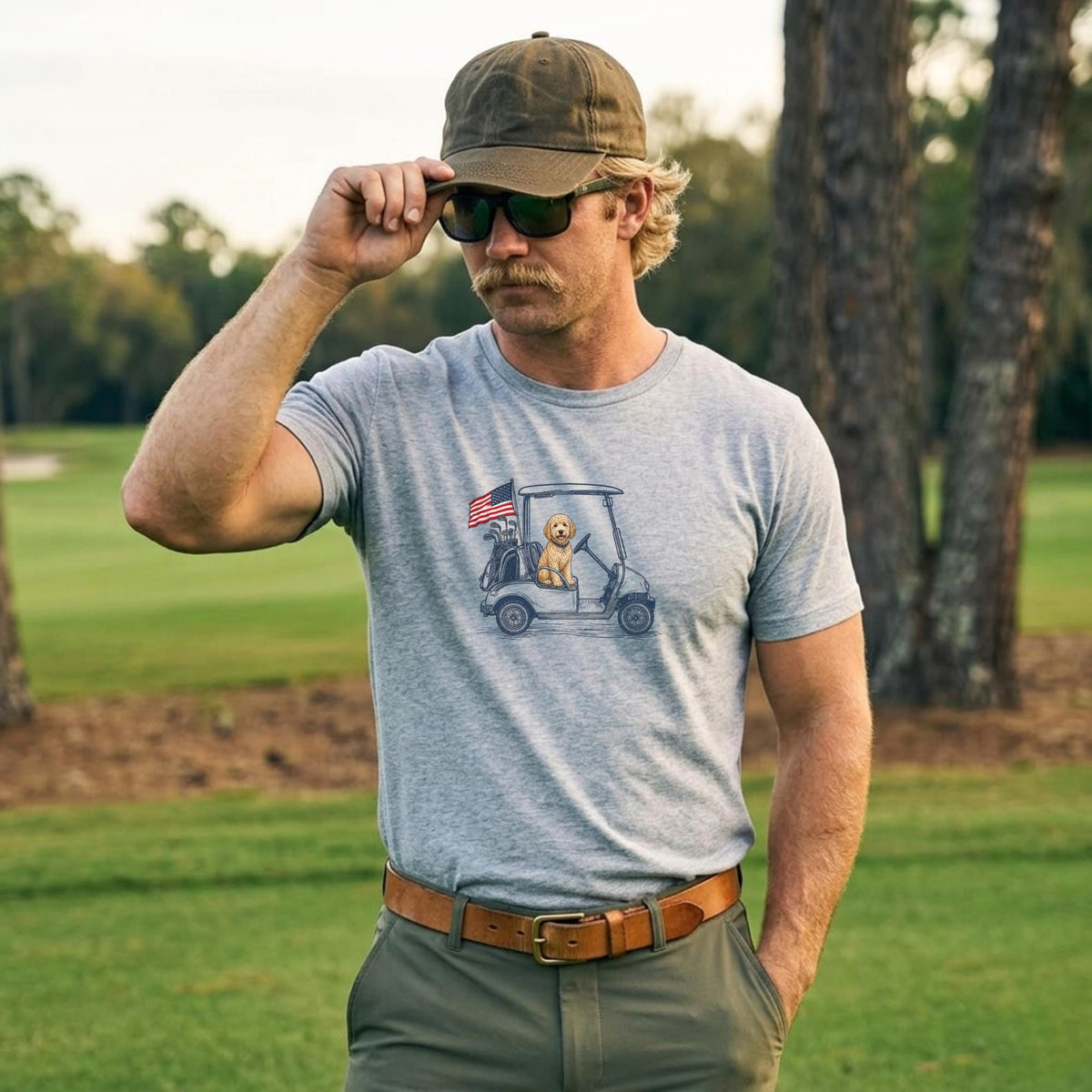Golden Doodle Dad Golf T-Shirt USA Dog Father Gift Idea American Flag Apparel Dog Breed Theme Patriotic Present For Golfer