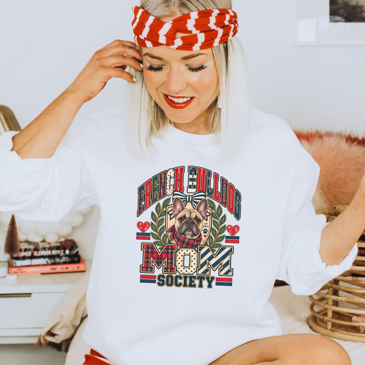 French Bulldog Mom Society Crewneck Sweatshirt Mismatched Plaid Preppy Coquette Bow Dog Mom Pullover Gift for Bulldog Owner