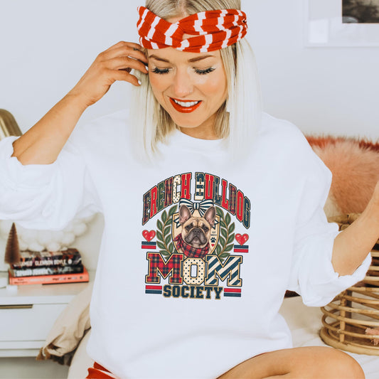 French Bulldog Mom Society Crewneck Sweatshirt Mismatched Plaid Preppy Coquette Bow Dog Mom Pullover Gift for Bulldog Owner