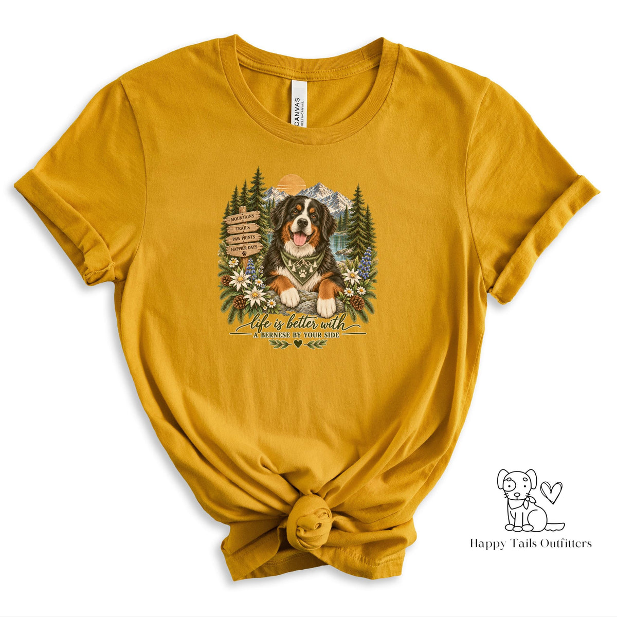 Bernese Mountain Dog T Shirt Hiking Wildflower Nature Trail Mountains Sunset Gift for Dog Mom Outdoor Adventure Tee