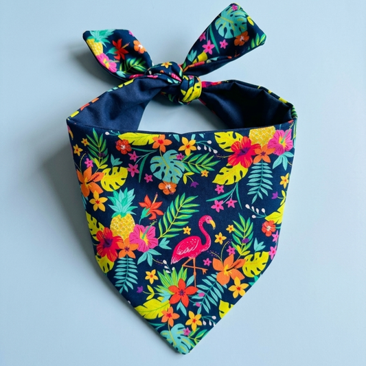 Colorful tropical patterned bandana with flamingo design on a light blue background