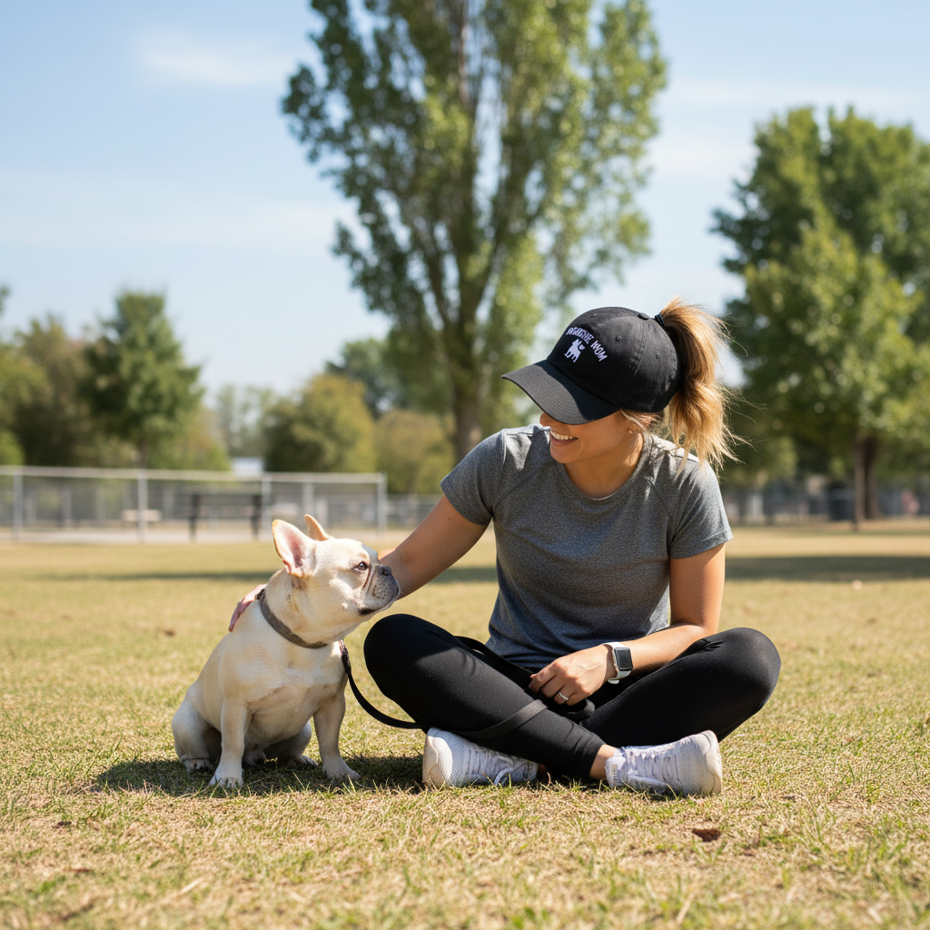 Woman sitting on grass with a dog in a park