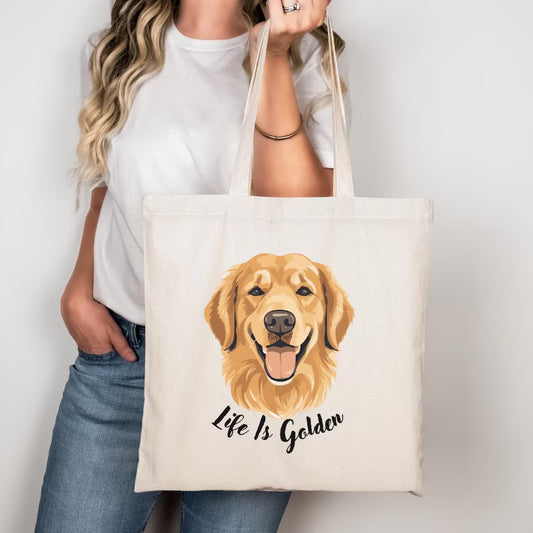 Golden Retriever Canvas Tote Bag Life Is Golden Dog Lover Gift Eco-Friendly Shopping Bag Pet Owner Accessory Birthday Gift Best Friend