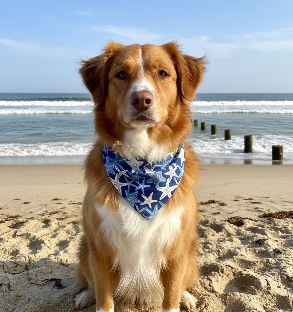 Dog wearing a blue bandana with star patterns on a sandy beach with ocean waves in the background